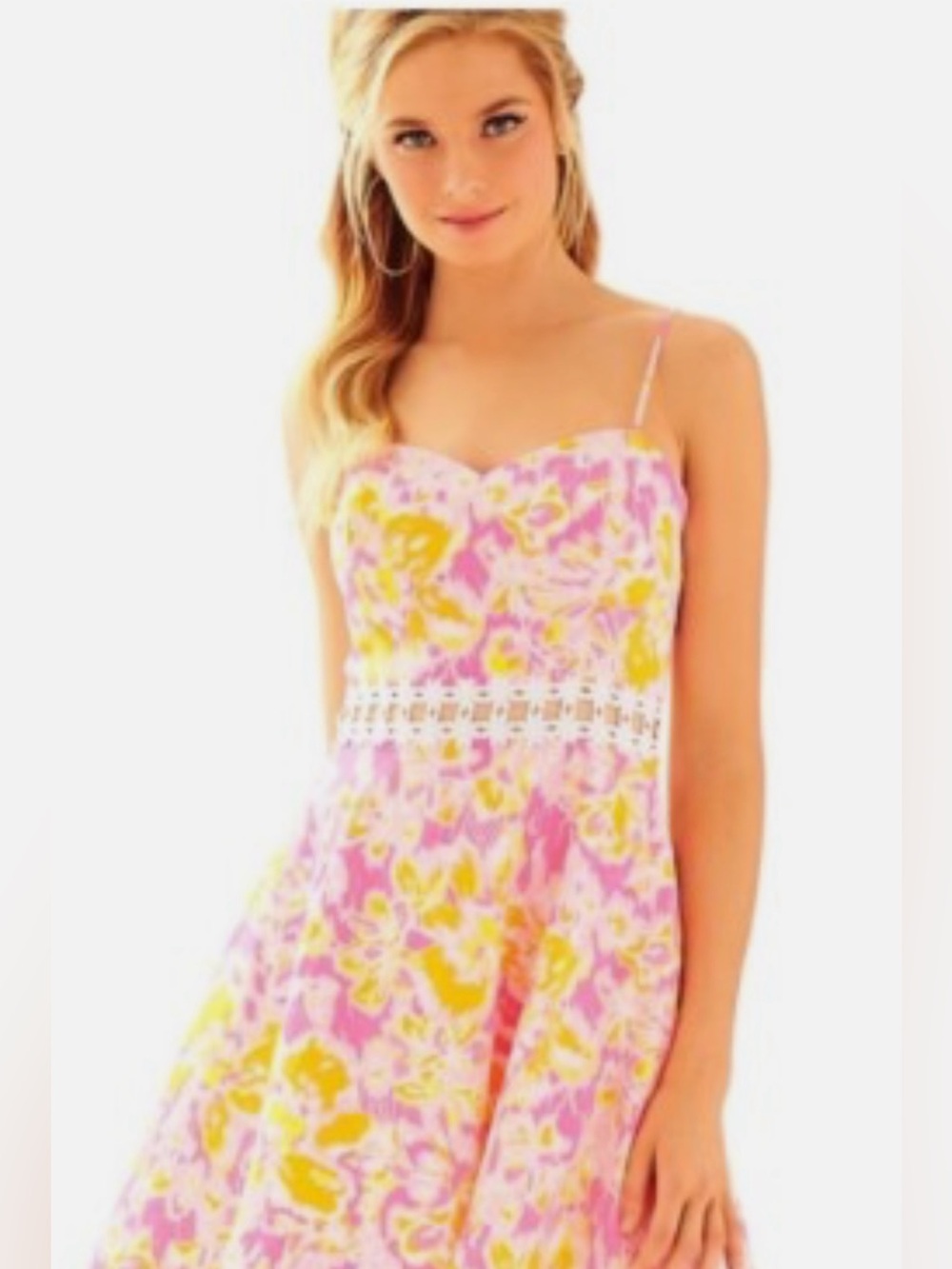NWT Lilly Pulitzer Pink, Yellow & White Floral with Lace Trim Lenore Dress
